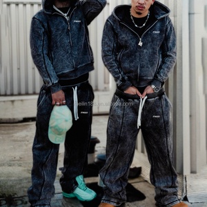 Ensemble de survêtement personnalisé par le fabricant : sweat à capuche délavé et pantalon de jogging ample, survêtement de jogging épais pour hommes, haute qualité - Product Image 1