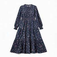 Robe midi à manches longues et col haut, bleu marine, à fleurs, grande taille, sur mesure, pour femmes, vente en gros