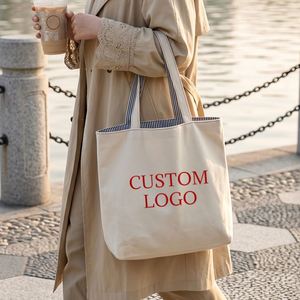Bolsa de Mano de Lona de Algodón con Asa a Rayas, Logotipo Personalizado, Gran Capacidad, Reutilizable, para Compras o Playa - Product Image 6