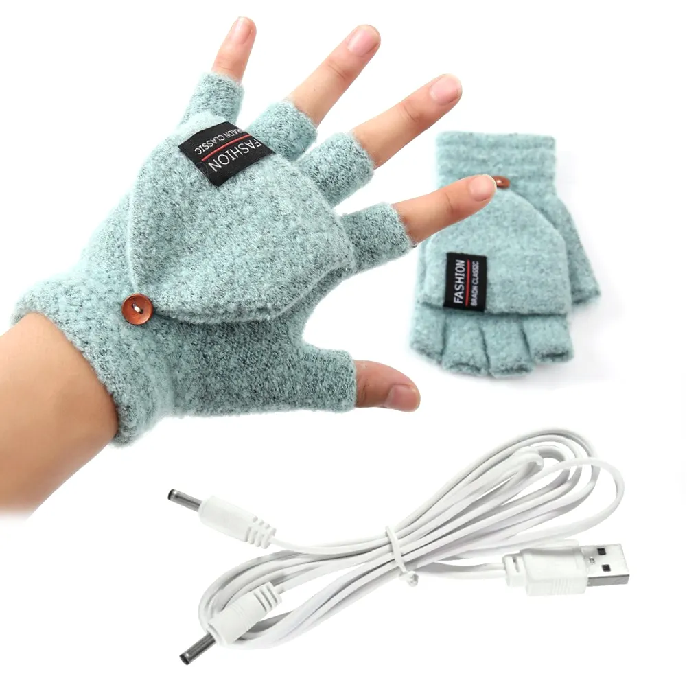 USB Electric Heated Glove 2-Side Heating Convertible Fingerless Knitted Mittens Waterproof Cycling Skiing Adjustable Heat Gloves