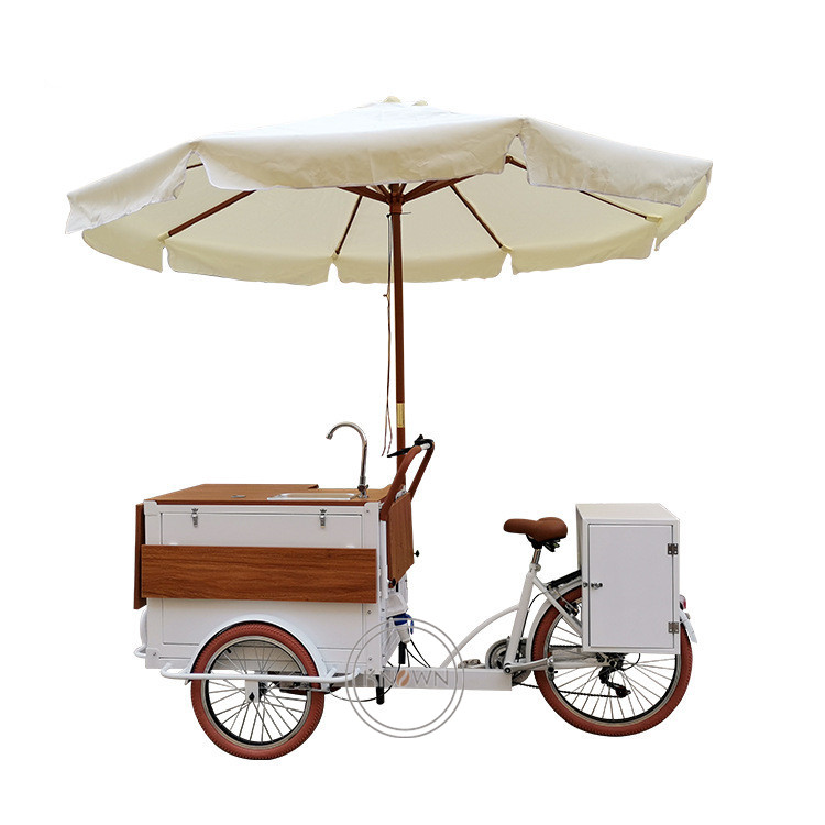 Bicicleta de café rápida con congelador para exteriores, carrito expendedor de leche y comida, helado personalizado, triciclo de comedor, OEM