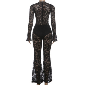 GX25738 Set Due Pezzi da Donna 2025, Top a Maniche Lunghe con <span class=keywords><strong>Pizzo</strong></span> Traforato e <span class=keywords><strong>Pantaloni</strong></span> a Zampa Trasparenti, Abbigliamento Casual da Boutique - Product Image 3