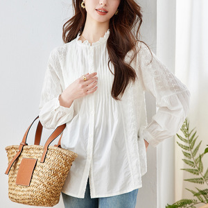 Cotton Embroidered White Shirt Women's Long Sleeve 2026 Spring New Design Organ Pleated Top Wooden Ear Collar Shirt - Product Image 2
