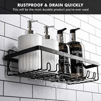 Lot de 4 étagères de douche droites avec drain ouvert, porte-savon et crochets, en métal noir, fixation murale, ensemble de rangement pour salle de bain