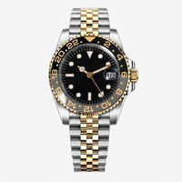 Jam Tangan Mekanik GMT Dua Warna Dial Hitam Bezel Emas Tali Baja Tahan Karat Tampilan Tanggal 40mm Jam Tangan Mewah Pria