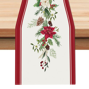 Runner da Tavola Rosso Natalizio con Rami di Pino, Bacche Rosse e Pigne, Decorazione per <span class=keywords><strong>Cucina</strong></span>, Sala da Pranzo, Casa e Feste - Product Image 1