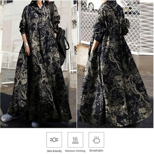 Abito Vintage a trapezio da donna in cotone Mid East lino musulmano da donna a manica lunga con tasche Maxi abiti larghi - Product Image 6