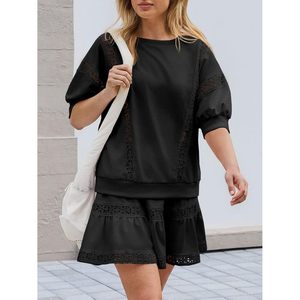 Ensemble 2 pièces personnalisé pour femme, avec dentelle, manches courtes bouffantes, style coquette, tenue d'été, longueur au-dessus du genou, couleur unie, polyester et coton - Product Image 4