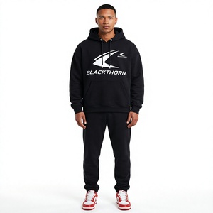Conjunto de Sudadera con Capucha Estilo Urbano para Hombre, Negro, Oversize, Transpirable, Corte Regular, Pantalones Cortos de Felpa, Sudadera de Algodón French Terry para Invierno - Product Image 1