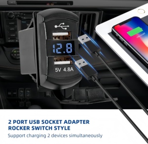 Rocker Style 12V-24V dubbele USB-autolader, waterdichte 4.8A-aansluiting met blauwe LED-<span class=keywords><strong>voltmeter</strong></span> voor boot, vrachtwagen, SUV, RV, UTV - Product Image 3