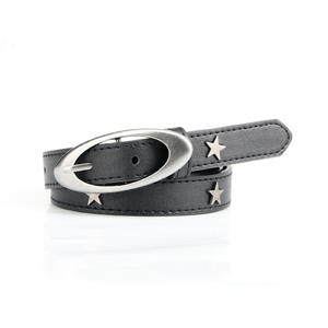 Ceinture en cuir <span class=keywords><strong>noir</strong></span> classique Style Vintage ceinture à boucle en alliage d'argent ovale avec rivets étoile lune pour <span class=keywords><strong>pantalon</strong></span> <span class=keywords><strong>femme</strong></span> - Product Image 5