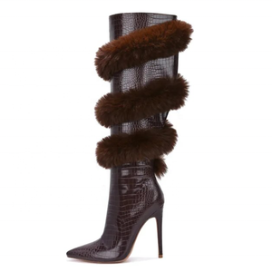รองเท้าบูทผู้หญิงแบบ<span class=keywords><strong>สูง</strong></span>ถึงเข่า ขนเฟอร์แบบเกลียว ปลายแหลม รูดซิป <span class=keywords><strong>ส้น</strong></span>เข็ม<span class=keywords><strong>สูง</strong></span>พิเศษ 8 ซม. นุ่มสบาย ขายส่ง - Product Image 4