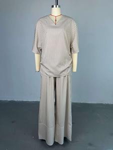 Été chaud nouveau décontracté ample col en v rayé à manches courtes haut jambe large <span class=keywords><strong>pantalon</strong></span> pour les femmes vie quotidienne - Product Image 5