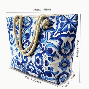 กระเป๋าหิ้วชายหาดลายครามสีน้ำเงินขาว PEIQUAN ขายดี กระเป๋าช้อปปิ้งสำหรับผู้หญิง จุของได้เยอะ มีหูหิ้ว เหมาะสำหรับวันหยุดพักผ่อน - Product Image 4