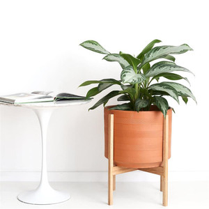 <span class=keywords><strong>Pot</strong></span> <span class=keywords><strong>de</strong></span> fleurs en céramique 3d gaufré, cylindre mat pour décoration <span class=keywords><strong>de</strong></span> maison/jardin, à l'intérieur et à l'extérieur, avec support en bois - Product Image 1