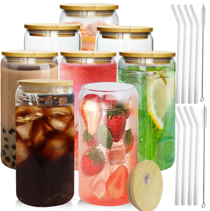 Jm OEM ODM 12Oz 16Oz Rõ Ràng Khoảng Trống Thủy Tinh Mason Jar Bia Có Thể Cốc Thủy Tinh Với Nắp Tre Và Rơm - Product Image 1