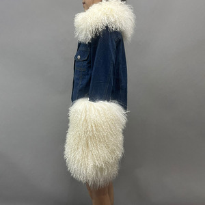 Nuovi in arrivo morbidi polsini con collo in pelliccia Mongolia da donna Chic giacca in Denim blu con pelliccia - Product Image 3