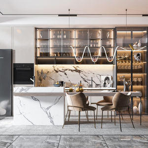 Armoire de cuisine minimaliste en crème et bois avec panneau cannelé et étagères en verre, idéale pour une cuisine moderne de style simple - Product Image 4