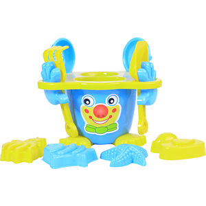 Ensemble de jouets de plage pour enfants Smiley avec seau, pelle, bêche, tamis, entonnoir et moules d'animaux, emballé en filet - Product Image 1