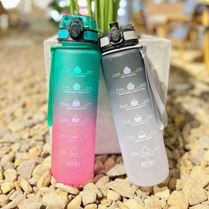 Gradient Large Capacity Sports Water <b>Bottle</b> With Time Markers And Strap For Outdoor Activities - Product Image 1
