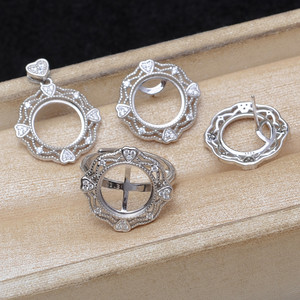 S925 <b>Silver</b> Vintage Marble <b>Set</b> Empty Pendant <b>Ring</b> Holder for 11.1-11.3mm Pearls DIY Jewelry Accessory 6103 - Product Image 2