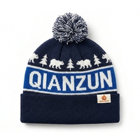 Bonnet d'hiver en tricot jacquard personnalisé chaud avec patch brodé, bord épais, bleu marine, pour homme, avec pompon, idéal pour l'extérieur