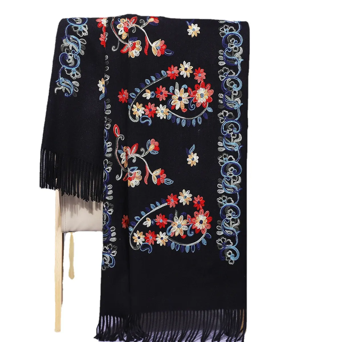 Poncho grueso de lujo para mujer, chal de punto, manta de pashmina, bufandas bordadas de Cachemira 100