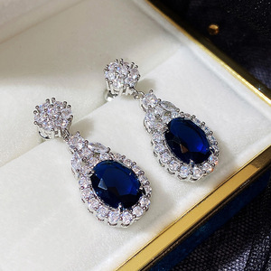 Pendientes de cristal azul zafiro ovalados para mujer, minimalistas, elegantes, accesorios de moda para uso diario - Product Image 3