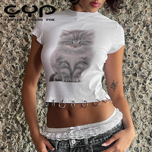Top corto ajustado de verano 2024 para <span class=keywords><strong>mujer</strong></span>, nueva <span class=keywords><strong>camiseta</strong></span> de manga corta con cuello redondo y estampado 3D, moda informal con técnicas teñidas lisas - Product Image 1