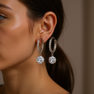 Boucles d'oreilles pendantes élégantes pour femmes, plaquées rhodium, avec pendentif rond en cristal, bijoux de mariage classiques, boucles d'oreilles tendance - Product Image 2