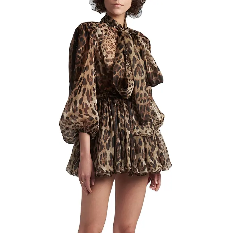 Hot Sale Quality Ladies Bow Tie Collar Lantern Long Sleeves Leopard Printed Chiffon Ruffles Short Mini Dress For Women