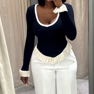 GX0768 Boutique Mode 2025 Herbst Damenbekleidung Lieferant Elegante Sexy Blusen Strick Langarm V-Ausschnitt Irreguläre Tops - Product Image 1