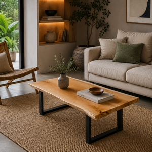 Mesa de Centro de Madera Maciza de Primera Calidad con Bordes Naturales y Patas de Acero con Recubrimiento en Polvo, Mesa de Centro Moderna de Madera Sólida para Interiores de Lujo - Product Image 6