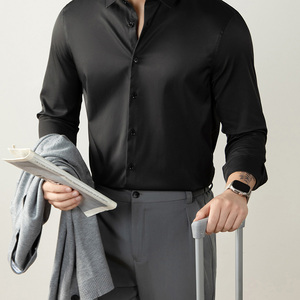 Chemises habillées pour hommes, style années 60, de luxe, mercerisées, unies, à manches longues, extensibles, infroissables, formelles et décontractées pour le bureau - Product Image 4