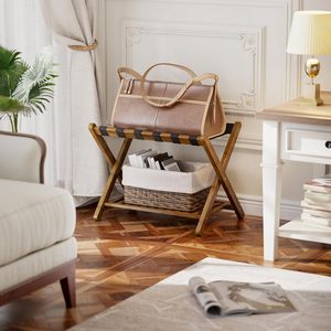Porte-bagages, lot de 2, support de valise <span class=keywords><strong>pliable</strong></span> en <span class=keywords><strong>bambou</strong></span> avec étagère de rangement pour chambre d'amis, chambre à coucher, hôtel, robuste (noyer) - Product Image 1