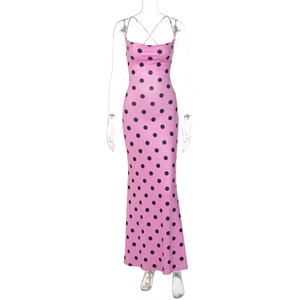 Vestido Maxi de Verano con Cuello Halter y Estampado de Puntos, con Inserciones de Malla, Efecto Adelgazante, Largo hasta el Suelo, Estampado Digital, Natural - Product Image 1