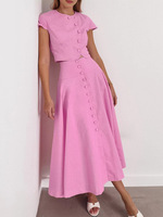 Ensemble deux pièces décontracté rose uni pour femme, été, haut court à manches courtes boutonné, jupe midi évasée, tenue de fête élégante vintage