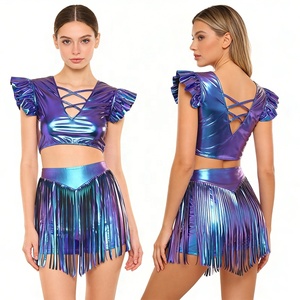 Robe de compétition de danse de salon personnalisée pour femmes, tenue de danse métallique, haut court à manches volantées et short pour la danse jazz - Product Image 4