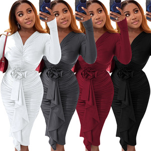 <span class=keywords><strong>Robe</strong></span> fourreau vintage sexy <span class=keywords><strong>mi</strong></span>-<span class=keywords><strong>longue</strong></span> à manches longues et col en V, taille haute, élégante, froncée, avec rosettes, style bodycon - Product Image 1