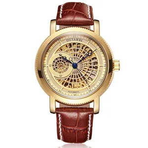 OUYAWEI 1601 unique gold male mechanical watch stylish PU leather strap water resist automatic character business reloj watch