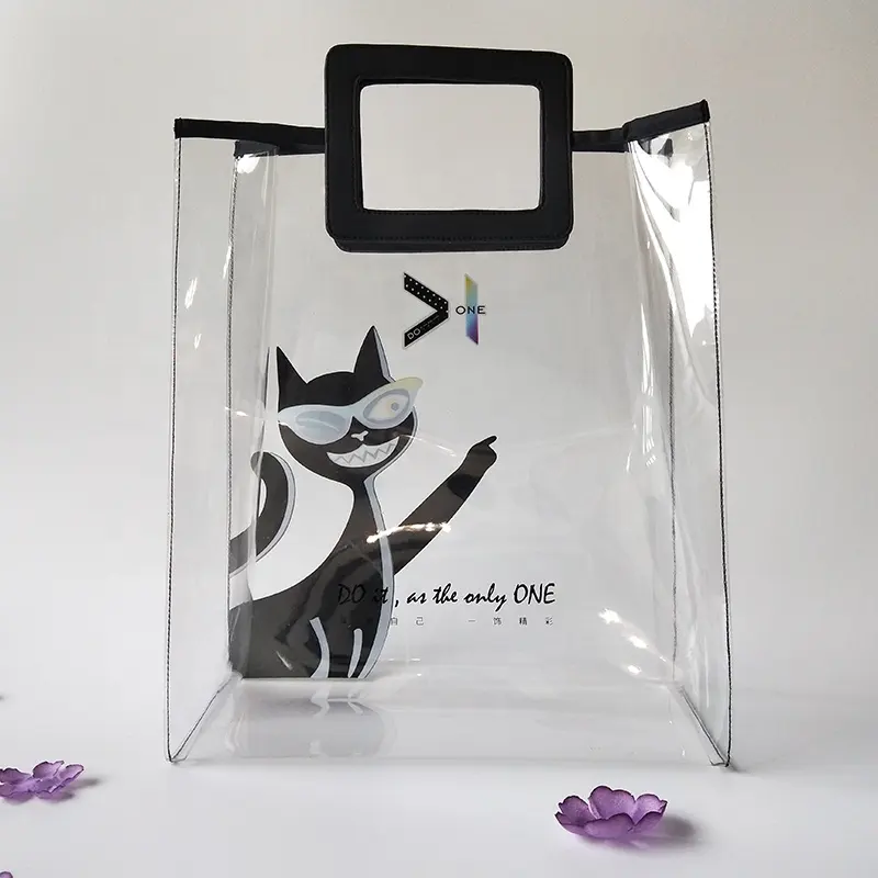 black pu leather handle waterproof pvc tote bag transparent custom clear pvc tote bag