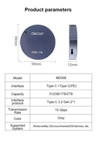 Disque SSD externe portable magnétique 512 Go 1 To 2 To, taux de transmission rapide de 10 Gbit/s, charge rapide 100 W PD, Type-C