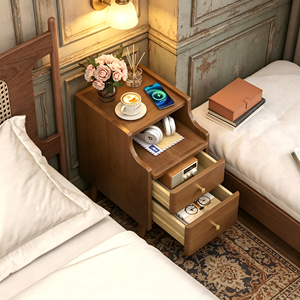 Table de chevet en bois massif avec 2 tiroirs et étagère ouverte, meuble de chambre à coucher de style moderne du milieu du siècle - Product Image 3