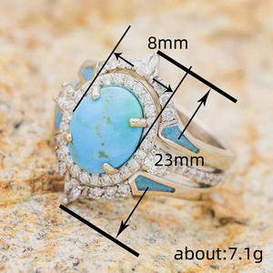 Anillo de Turquesa Q971 con Gema Ovalada Natural y Engaste Pavé, Anillos de Compromiso de Moda para Mujer - Product Image 4