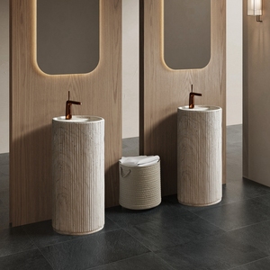 Lavabo sur pied en pierre artificielle beige travertin de luxe moderne, <span class=keywords><strong>design</strong></span> cannelé, pour salle de bain - Product Image 5