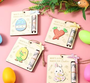 DAMAI Easter Wooden Money Holders <b>Square</b> Card Ornaments With Bunny Chick Carrot Egg Designs For Easter Gift Decor - Product Image 1