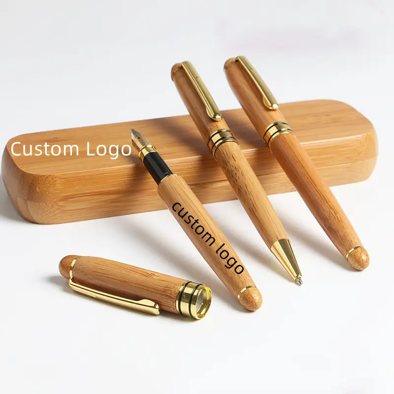 Werbe geschenke benutzer definierte Logo gedruckt Kugelschreiber Bambus Stift mit Fall Kugelschreiber Großhandel Holz Bambus Füll federhalter Set