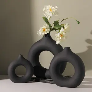 Floreros Jarrones, venta al por mayor, floristería negra, donut, mesa pequeña, jarrón decorativo moderno negro de cerámica y porcelana para flor a granel