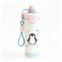 Bouteille isotherme en acier 316 avec paille et motif ours de dessin animé, avec cordon de transport, pour étudiants, design mignon