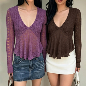 Blusa de moda para mujer, estilo bohemio, de punto de ganchillo, con cuello en V profundo, manga larga, peplum, ajuste ceñido - Product Image 2